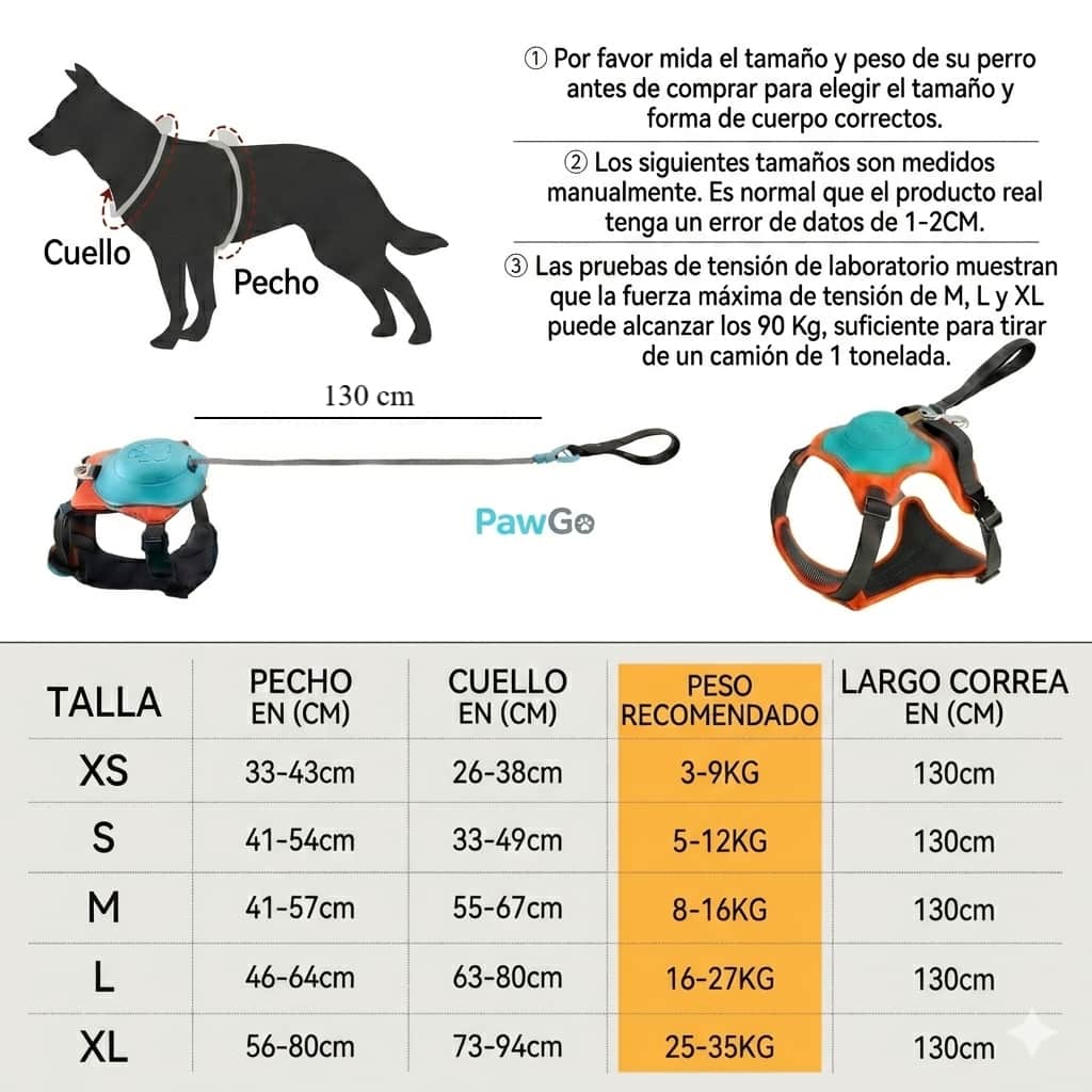 Guía de tallas PawGo - Medidas para perros pequeños, medianos, grandes y extra grandes
